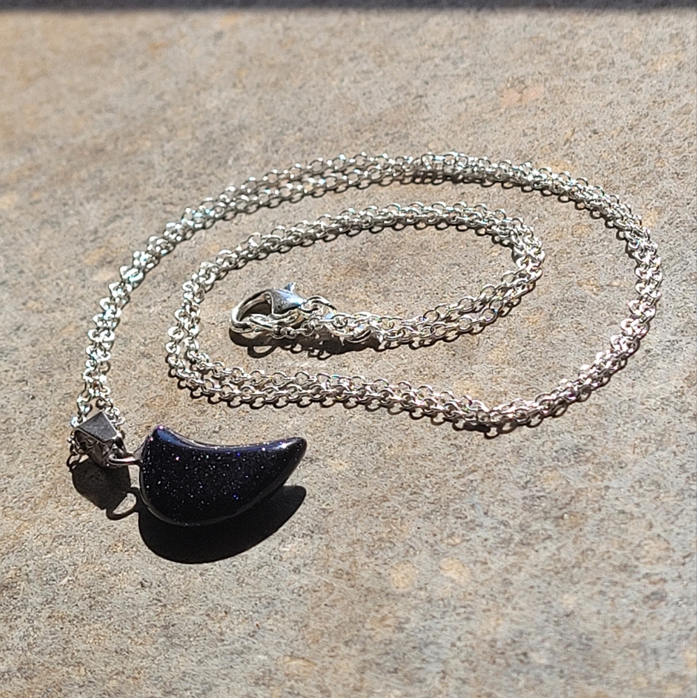 Blue Goldstone Cresent Moon Sterling Silver Necklace